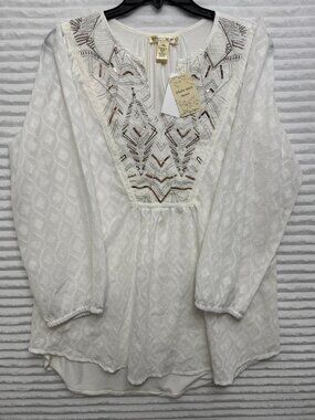 Studio West PXL‎ Ivory Embroidered Sequin Jacquard Tunic Blouse Womens NWT